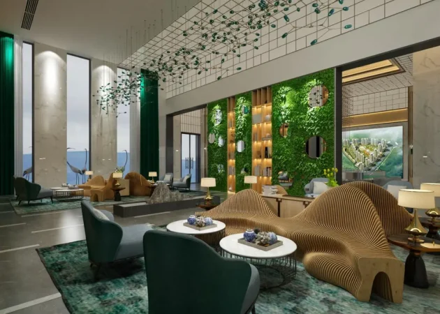 Lobby featuring a green wall with mirrors and modern furniture arrangements.