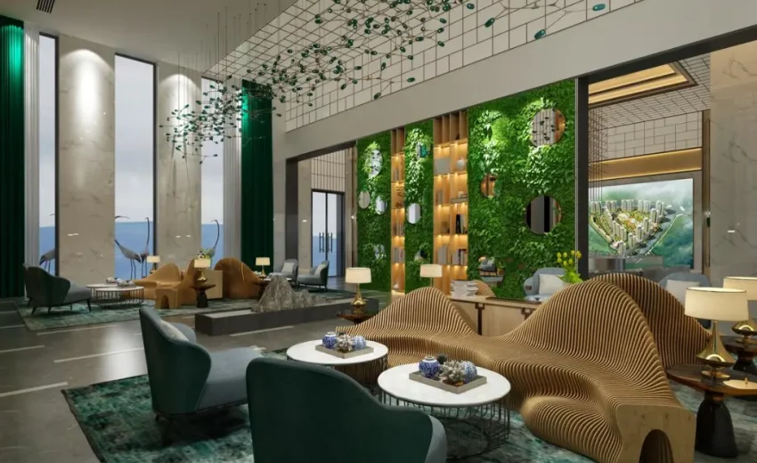 Lobby featuring a green wall with mirrors and modern furniture arrangements.