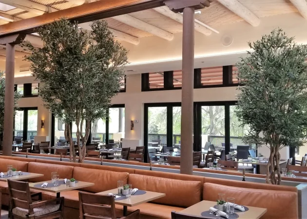 Interior view of a restaurant featuring olive trees and seating arrangements.