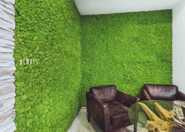 Interior view featuring a green moss wall alongside two brown chairs and a glass table.