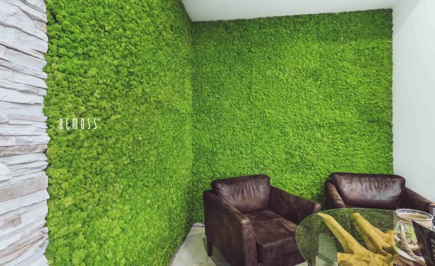 Interior view featuring a green moss wall alongside two brown chairs and a glass table.