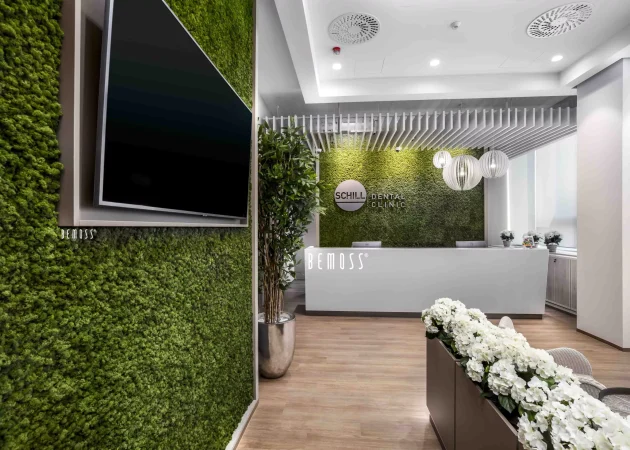 Reception area of Schill Dental Clinic featuring a green moss wall and modern decor.