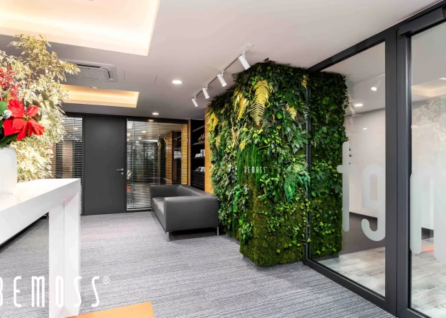 Indoor vertical garden featuring lush green plants on a wall in a modern office space.