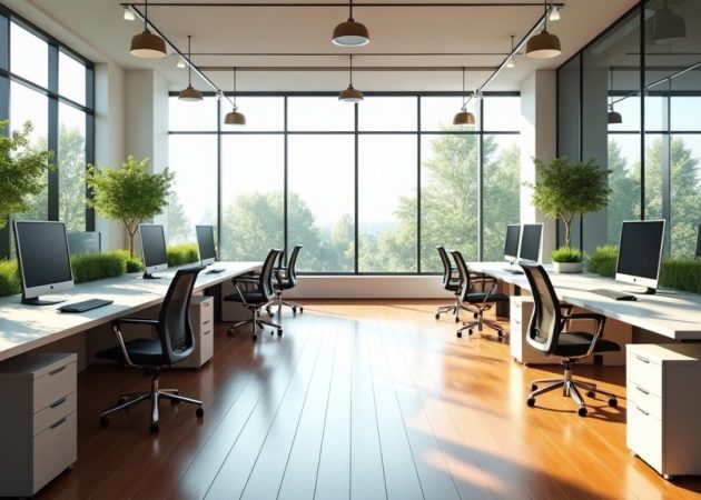 Bright office space featuring multiple desks with computers and plants near large windows.