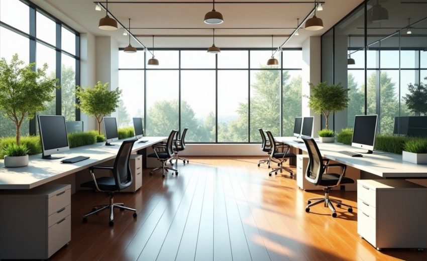 Bright office space featuring multiple desks with computers and plants near large windows.