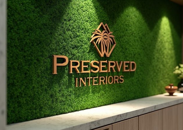 Logo of Preserved Interiors displayed on a green moss wall with wooden accents.