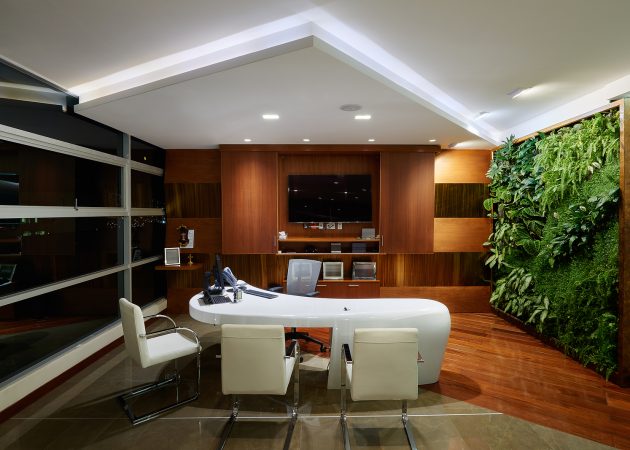 Interior view of a modern office featuring a curved desk and a green wall with plants.