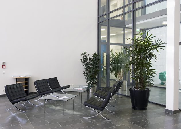 Lobby area featuring black chairs, a glass table, and potted plants in a modern office setting.