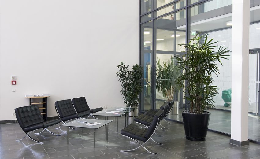 Lobby area featuring black chairs, a glass table, and potted plants in a modern office setting.