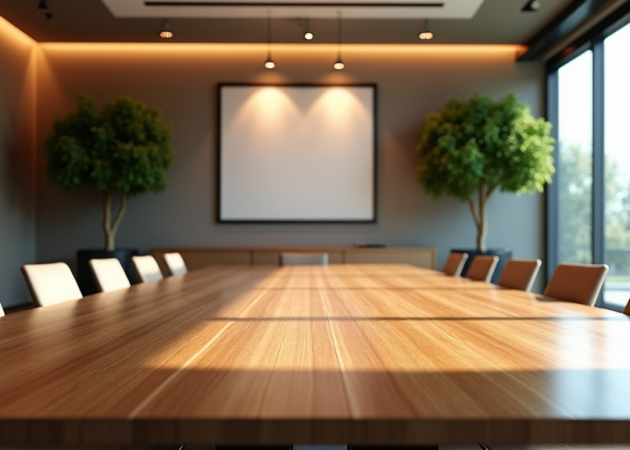 Conference room featuring a long wooden table and two indoor trees near the windows.