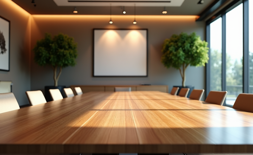 Conference room featuring a long wooden table and two indoor trees near the windows.