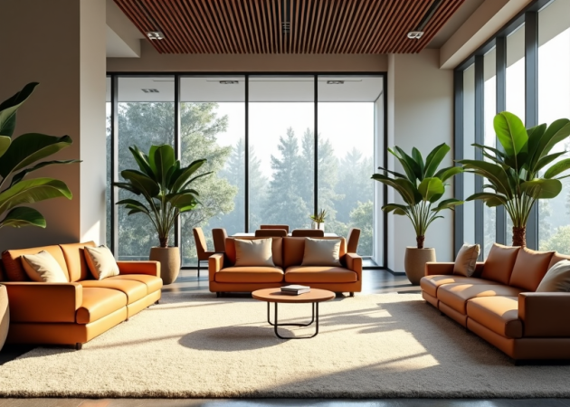 Lounge area featuring orange sofas, a round coffee table, and large indoor plants in a bright office space.