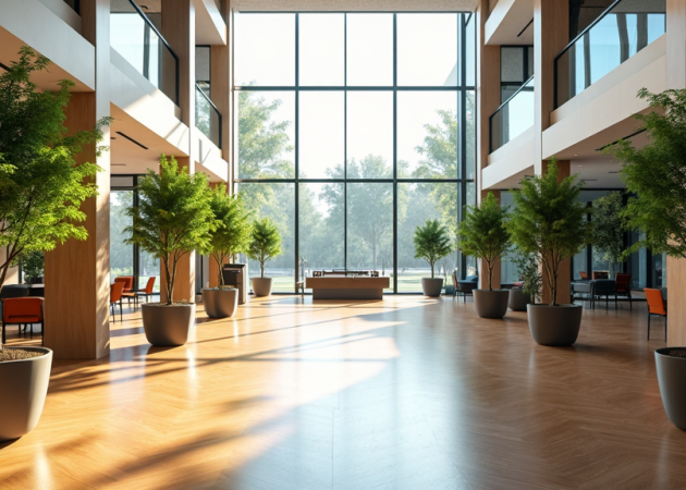Interior view of a company head office featuring large windows and potted trees.