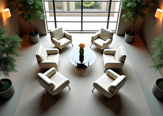 Seating area in an office with four white chairs, a glass table, and indoor plants.