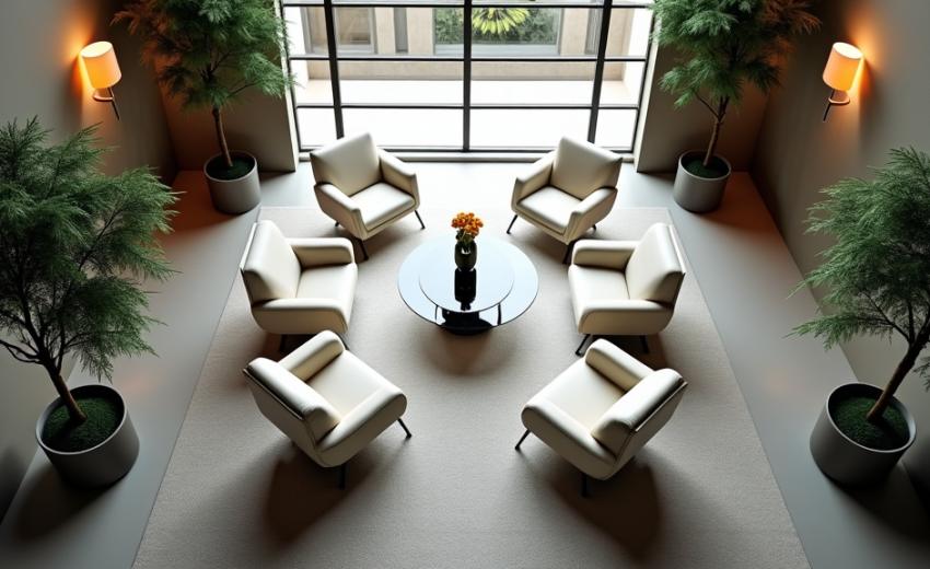 Seating area in an office with four white chairs, a glass table, and indoor plants.