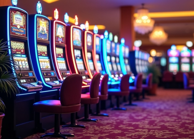 Illuminated slot machines lined up in a casino with colorful lighting and empty chairs.