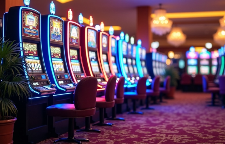 Illuminated slot machines lined up in a casino with colorful lighting and empty chairs.
