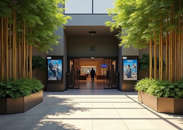 Entrance area of a modern building featuring large movie posters on either side and greenery in planters.