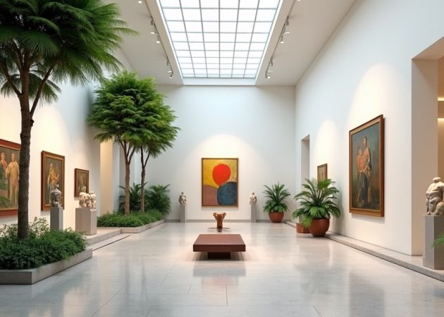 Interior view of an art gallery featuring sculptures and paintings with greenery.