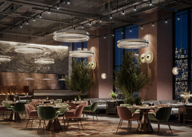 Interior view of a modern restaurant featuring chandeliers, seating areas, and decorative plants.
