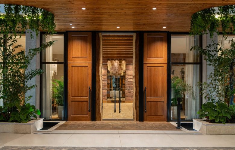 Elegant wooden entrance doors with glass panels and decorative plants, showcasing a modern architectural design.
