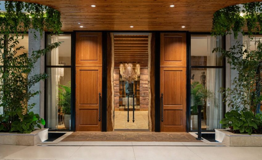 Elegant wooden entrance doors with glass panels and decorative plants, showcasing a modern architectural design.