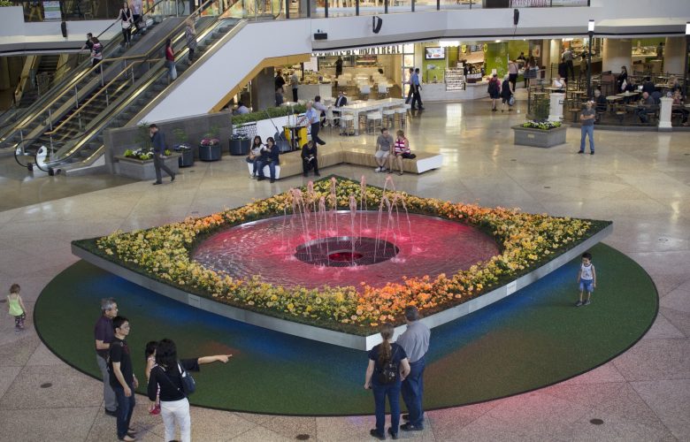A vibrant fountain surrounded by colorful flowers in a public space, featuring water jets and illuminated effects.