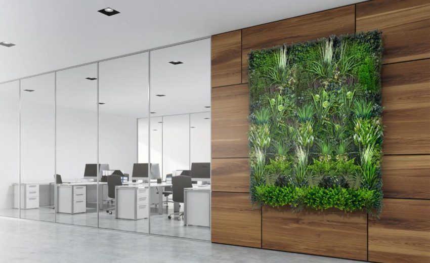 Indoor vertical garden featuring various plants on a wooden wall in a modern office setting, enhancing the workspace ambiance.