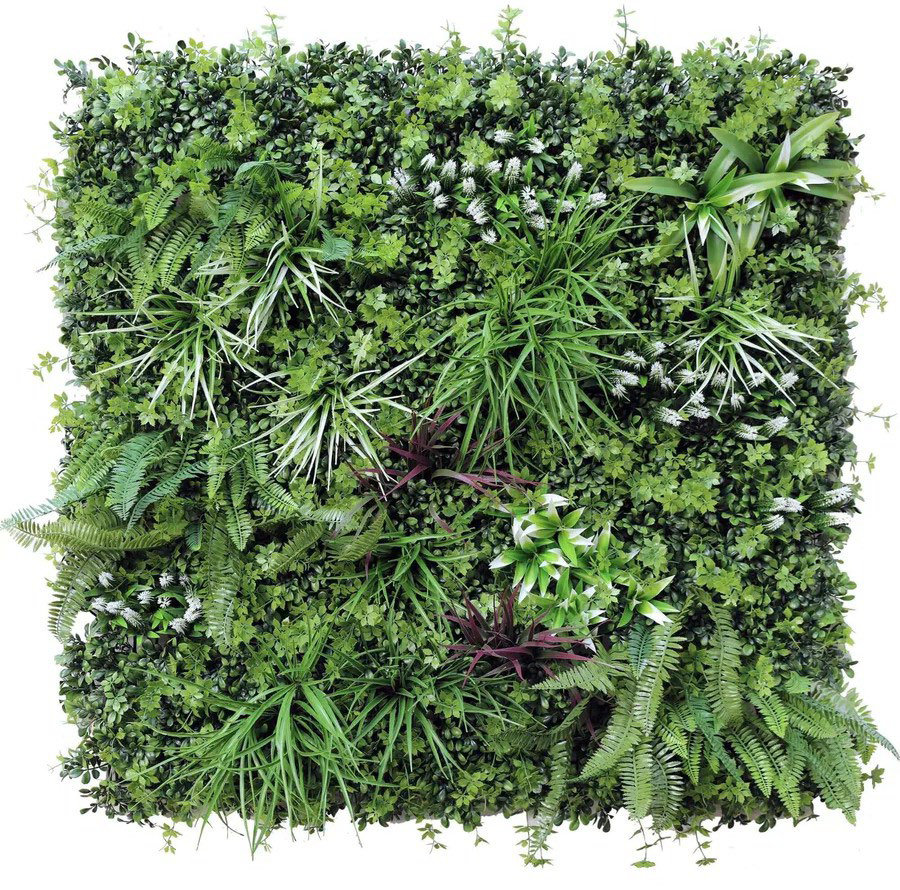 Artificial green wall featuring various types of foliage in a square arrangement.