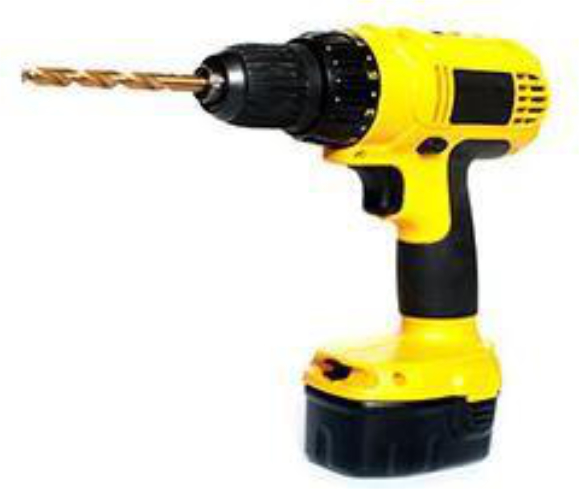 Yellow cordless drill with a metal drill bit attached, positioned upright.