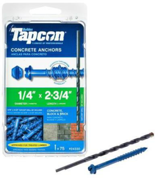 Pack of Tapcon concrete anchors with a drill bit, suitable for concrete, block, and brick.