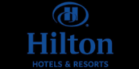 Hilton Hotels and Resorts logo featuring blue text and emblem, representing luxury accommodations and hospitality services.