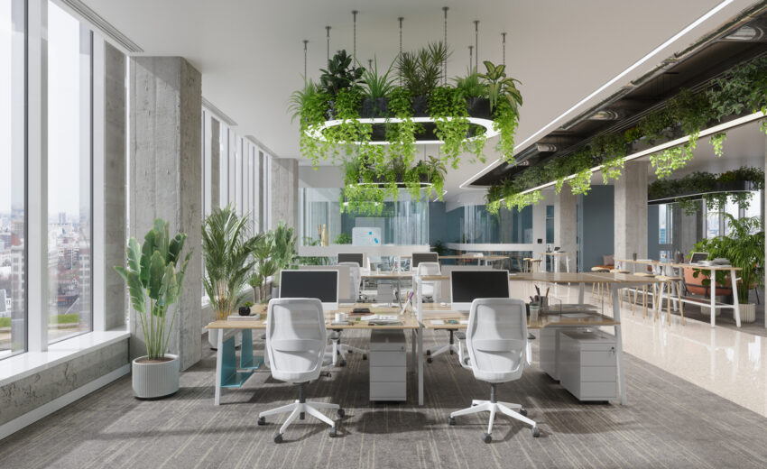 Contemporary office interior featuring desks, chairs, and hanging plants, promoting a fresh and vibrant work environment.