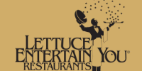 Lettuce Entertain You Restaurants logo featuring a waiter with a top hat and sparkling stars, representing dining and entertainment.