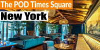 Lounge area at The POD Times Square featuring stylish seating, wooden beams, and decorative plants in New York.