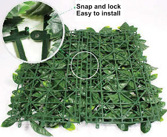 Snap and lock greenery panel with interlocking design for easy installation and natural appearance.