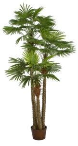 Cluster of artificial fan palm trees in a brown pot, showcasing multiple trunks and green fronds.