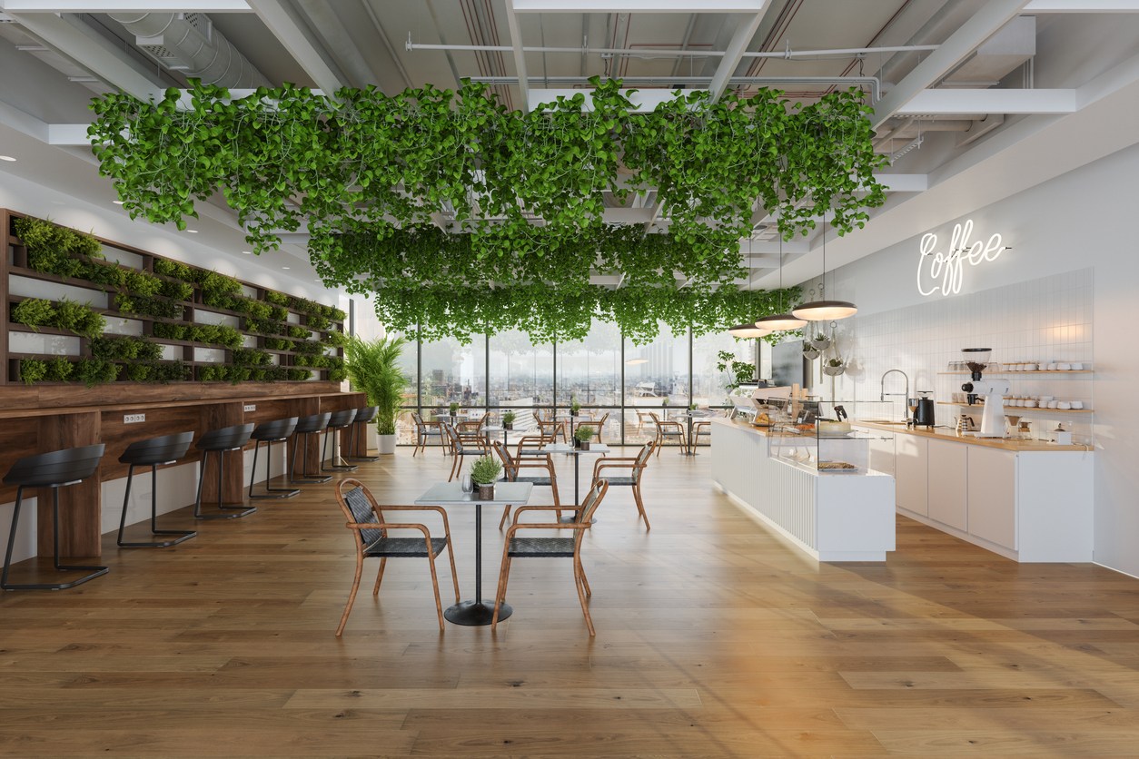 Modern interior featuring hanging plants and a coffee bar with seating arrangements.
