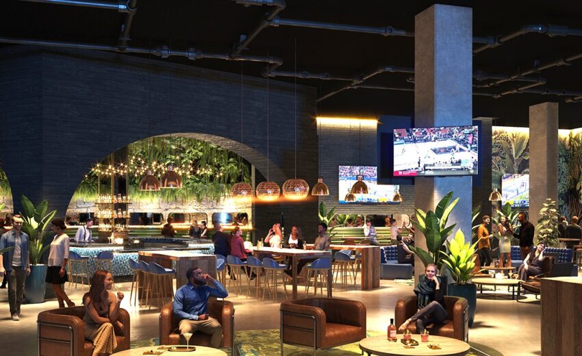 Warm-lit resort casino lounge bar with lush greenery, modern seating, and multiple TV screens creating a lively entertainment atmosphere.