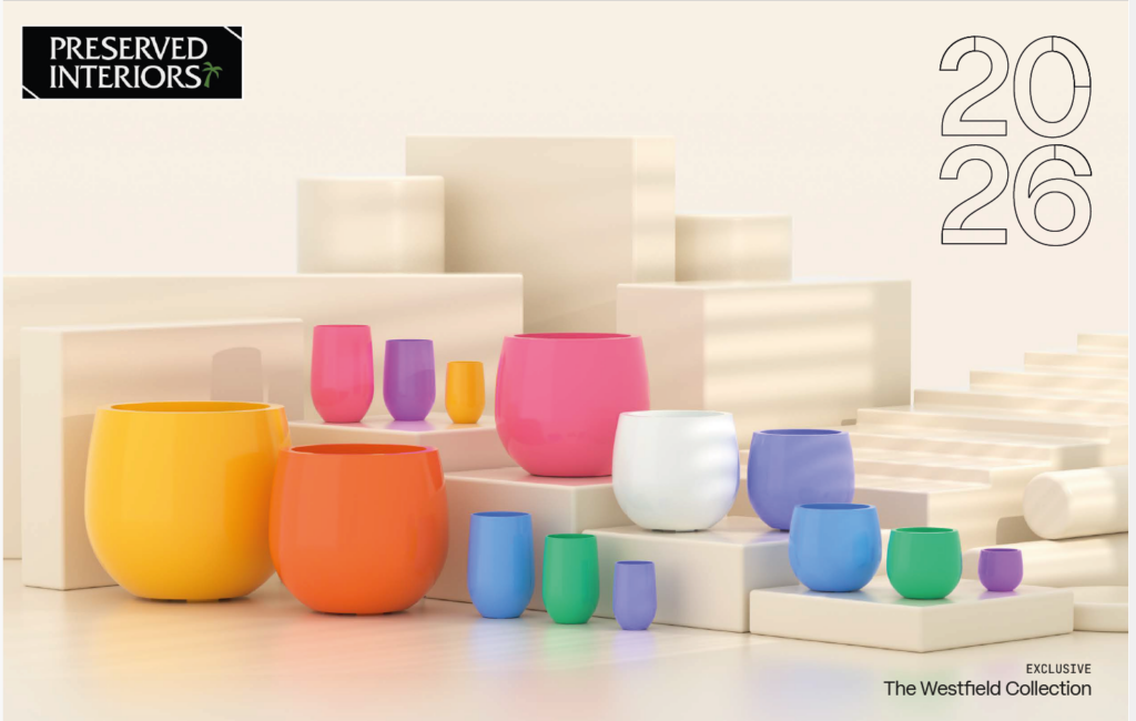 Colorful round planters from The Westfield Collection by Preserved Interiors, shown in a 2026 catalog style with fiberglass interiorscape options.