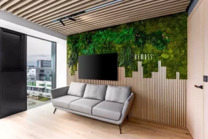 A modern living room featuring a gray sofa and a green moss wall art with the word 'BEMOSS'.
