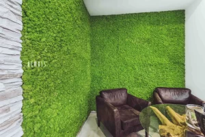 Interior view featuring a green moss wall alongside two brown chairs and a glass table.