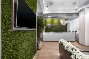 Reception area of Schill Dental Clinic featuring a green moss wall and modern decor.
