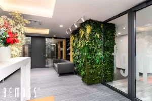 Indoor vertical garden featuring lush green plants on a wall in a modern office space.