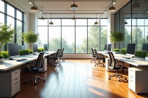 Bright office space featuring multiple desks with computers and plants near large windows.