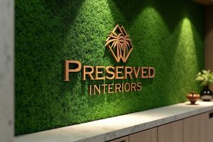 Logo of Preserved Interiors displayed on a green moss wall with wooden accents.