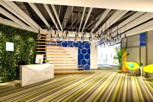 Interior view of a modern office reception area with green wall and unique lighting.