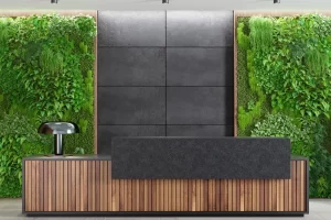 Reception desk made of wood with a dark panel and a green wall of plants behind it.