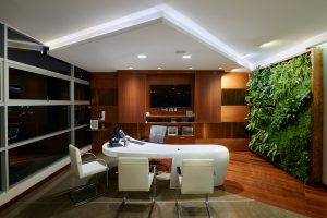 Interior view of a modern office featuring a curved desk and a green wall with plants.
