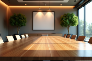 Conference room featuring a long wooden table and two indoor trees near the windows.